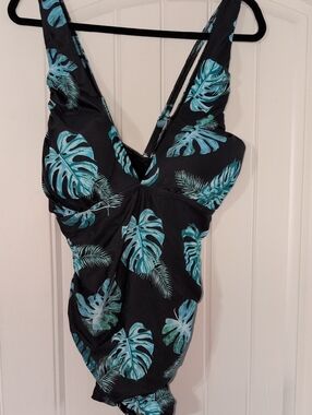 Black One-Piece Swimsuit with Teal Tropical Leaf Print